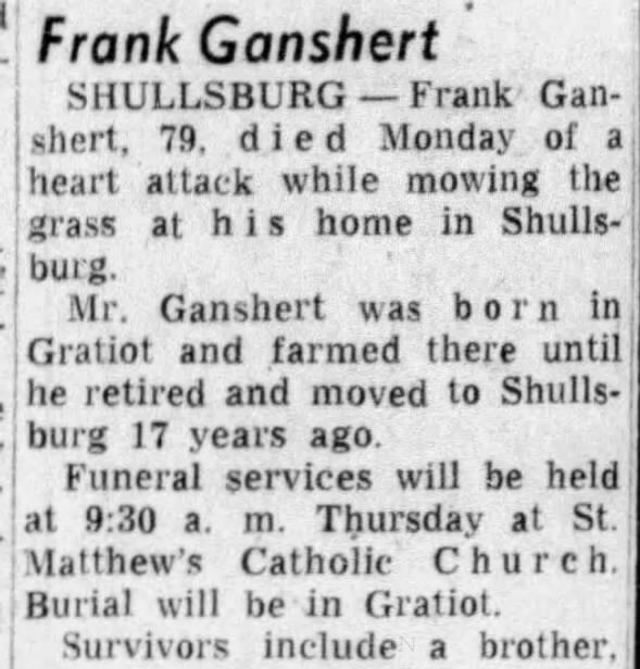 Obituary for Frank Ganshert (Aged 79)
